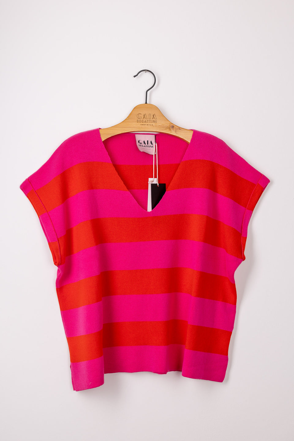 peace knit tshirt - striped fuxia and lobster  