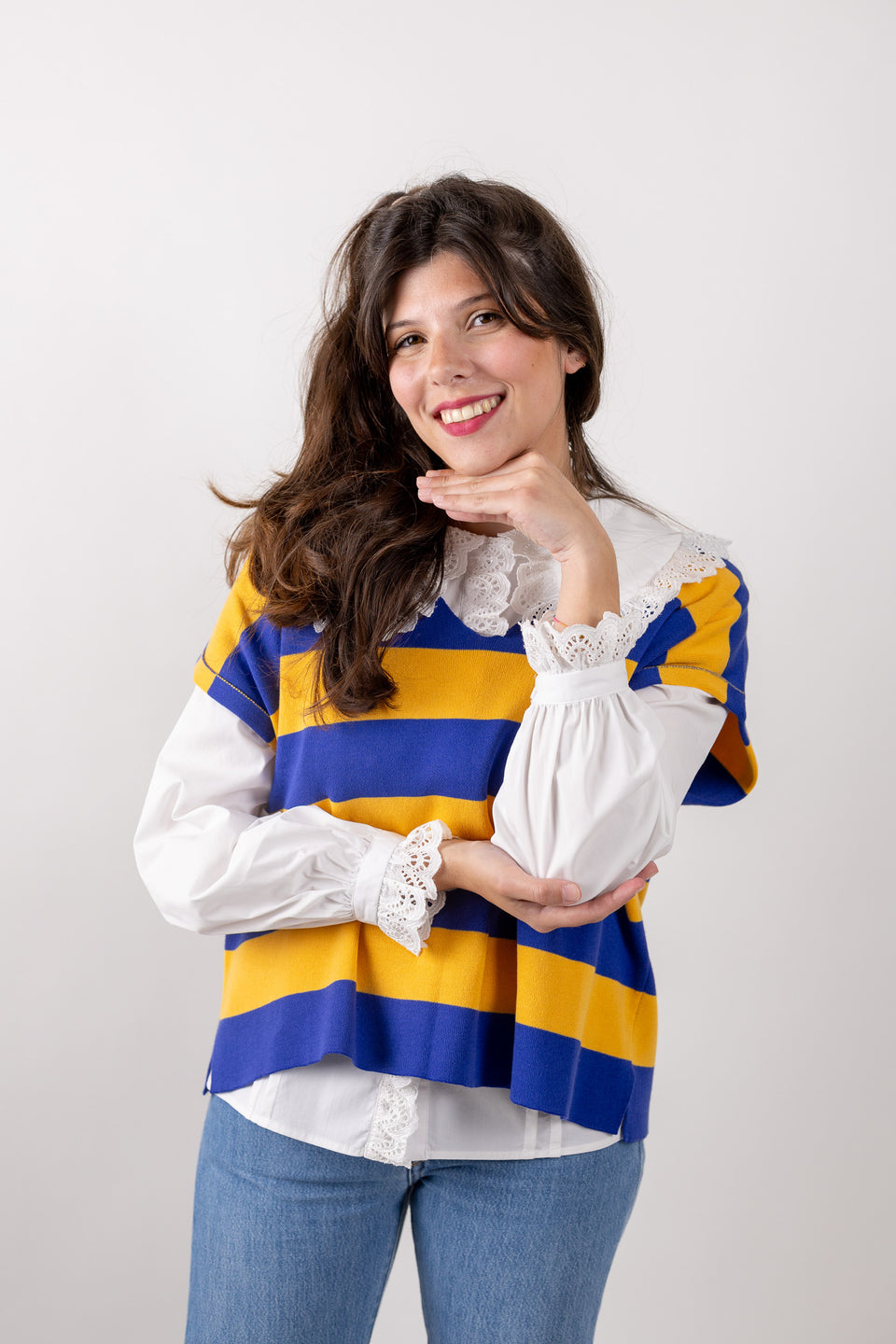 peace knit tshirt - striped cornflower and sunflower 