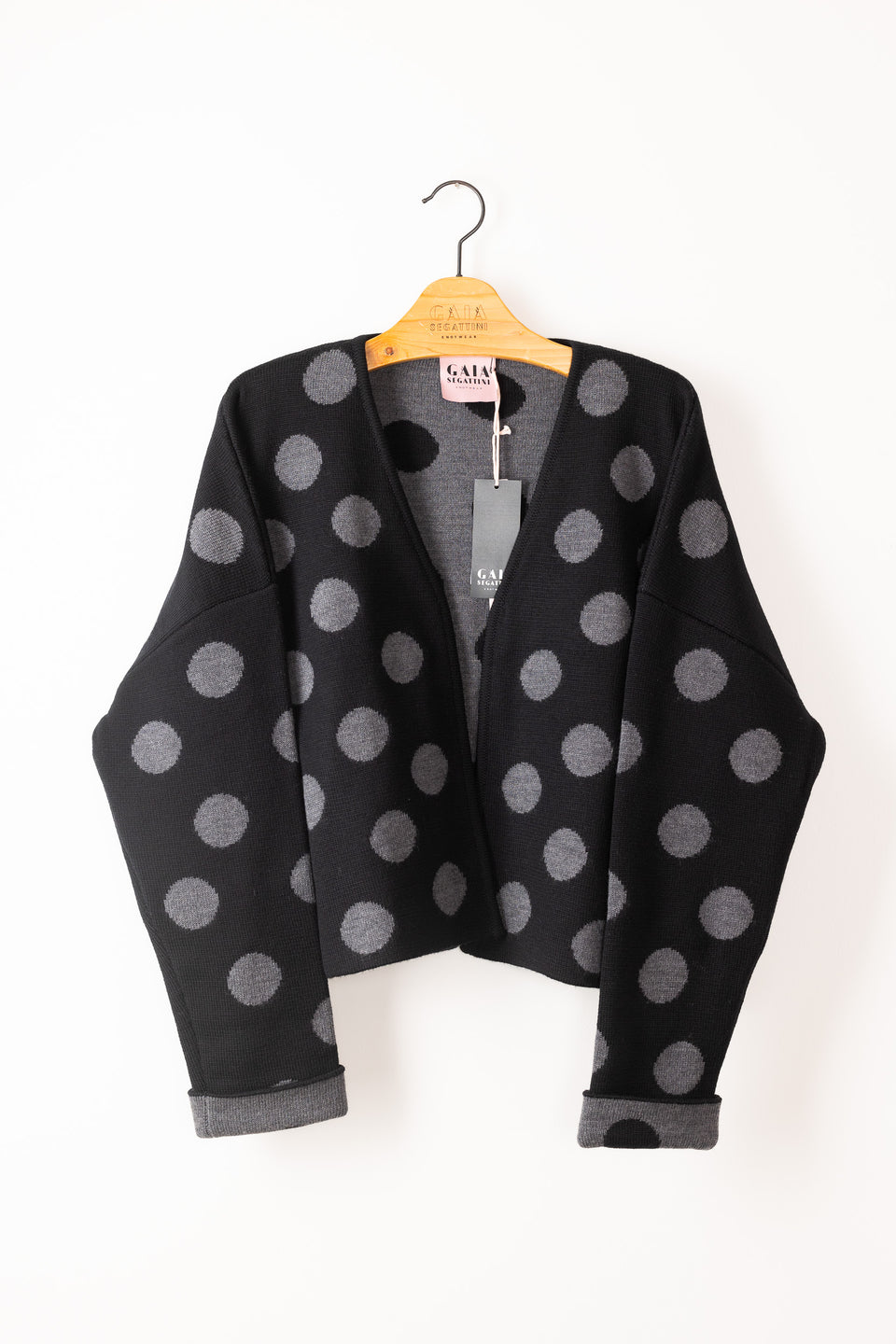 bubble cardi - black with medium gray polkadots