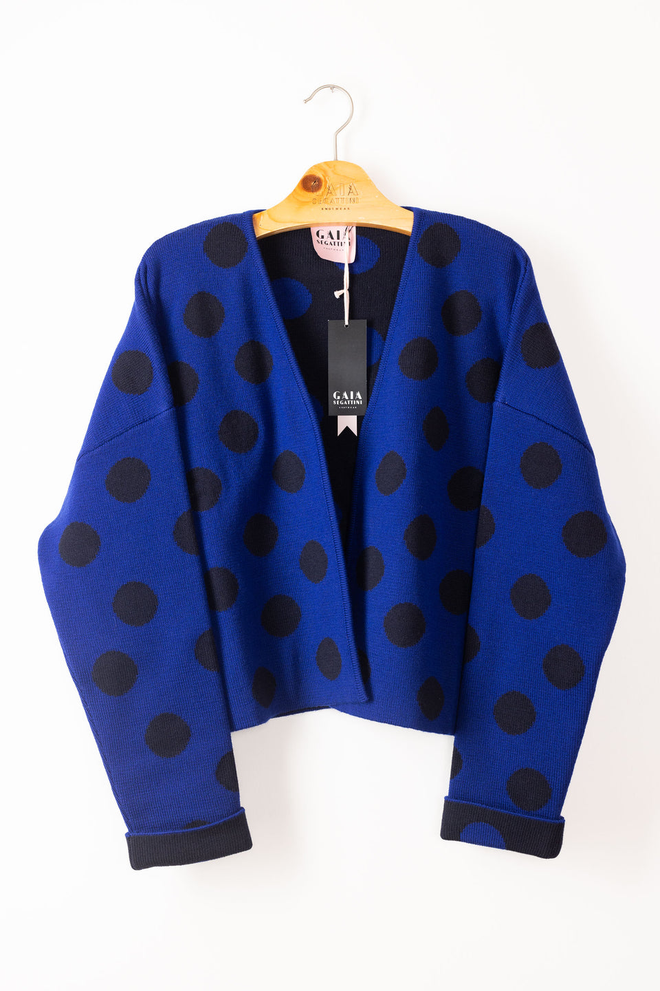 bubble cardi - royal with blackblue polkadots