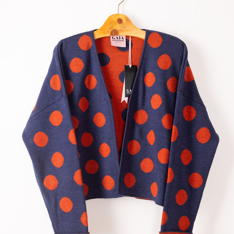 bubble cardi - denim with almond polkadots