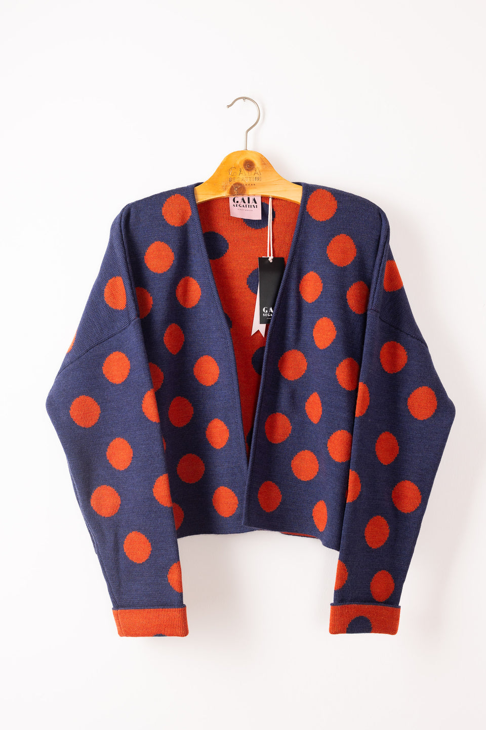 bubble cardi - denim with almond polkadots