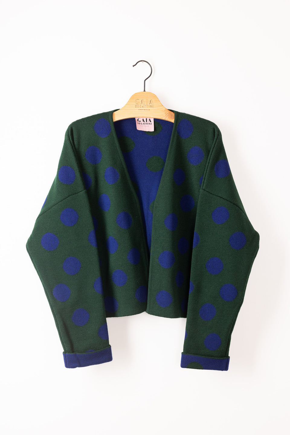 bubble cardi - forest green with blue polkadots 