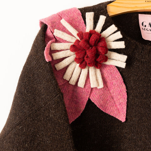 Bloom sweater - dark chocolate with pink, cherry and ecru flowers