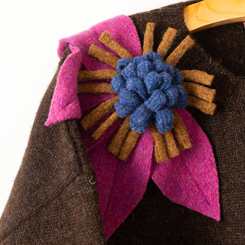 Bloom sweater - dark chocolate with plum, denim and curry flowers