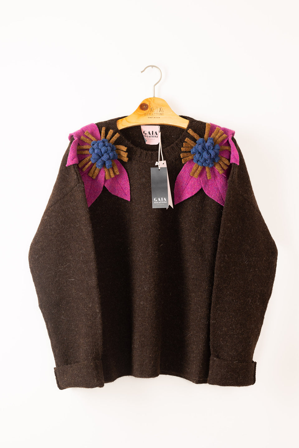 Bloom sweater - dark chocolate with plum, denim and curry flowers