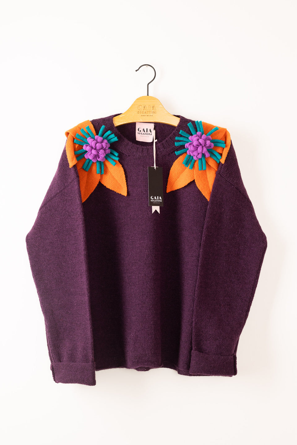 Bloom sweater - aubergine with orange, wisteria and emerald flowers