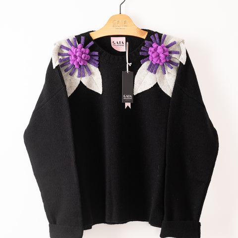 Bloom sweater - black with light grey, wisteria and violet flowers