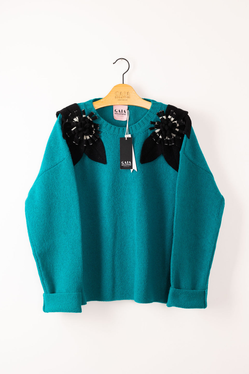 Bloom sweater - emerald with b/w flowers