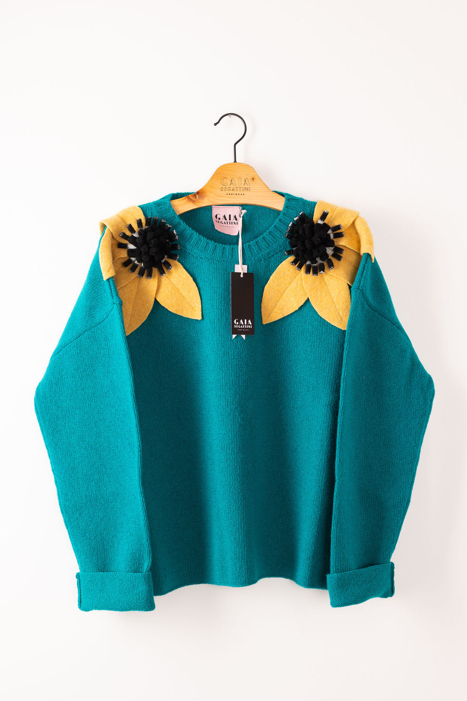 Bloom sweater - emerald with banana and b/w flowers