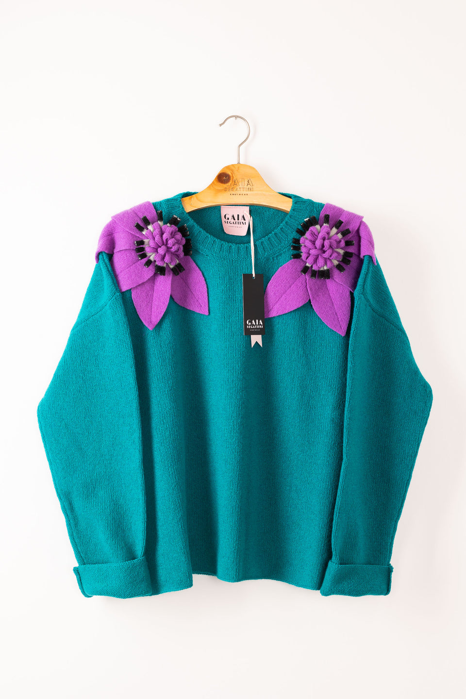 Bloom sweater - emerald with wisteria and b/w flowers