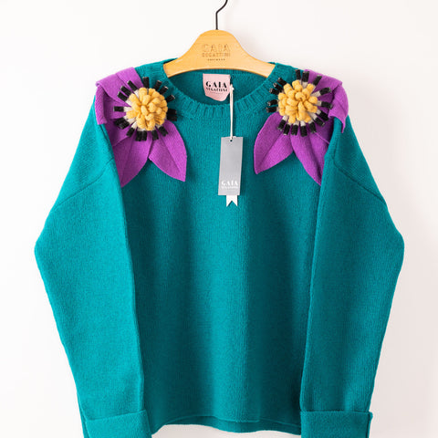 Bloom sweater - emerald with wisteria and banana flowers