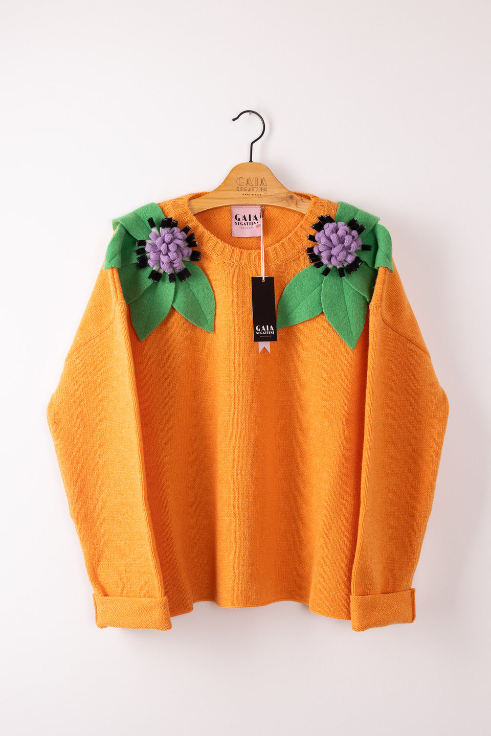 Bloom sweater - tangerine with meadow, lilac and b/w flowers