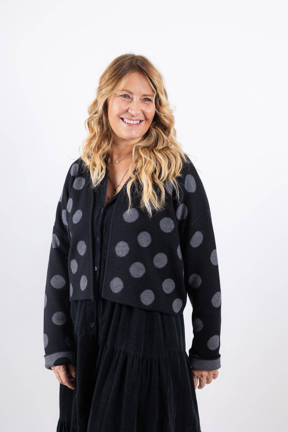 bubble cardi - black with medium gray polkadots