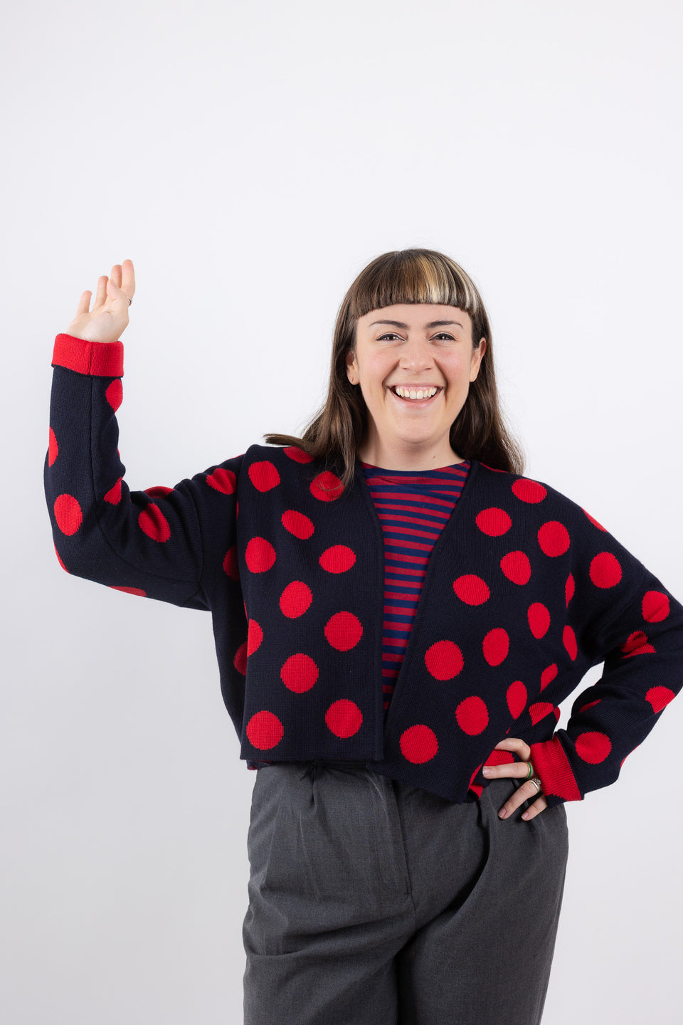 bubble cardi - navy with red polkadots 