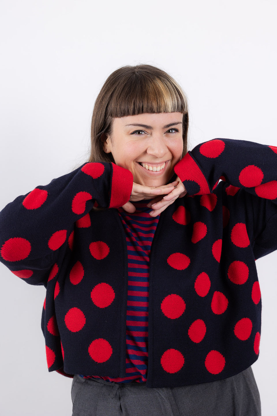 bubble cardi - navy with red polkadots 