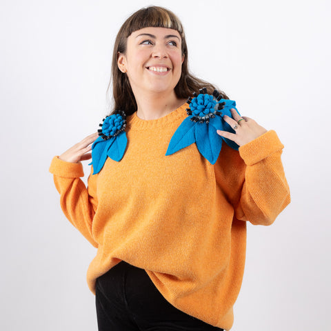 Bloom sweater - emerald with lego blue and b/w flowers