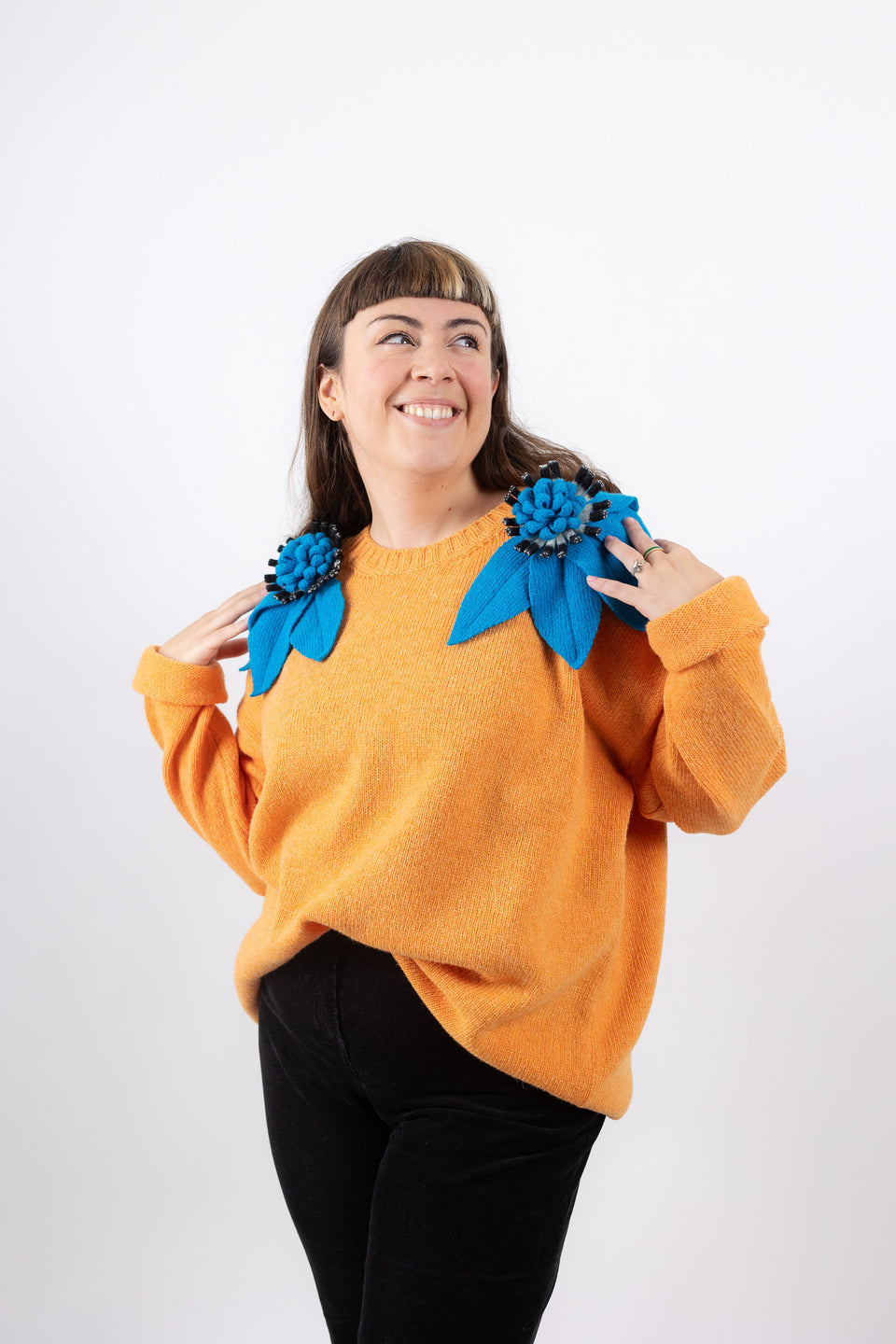 Bloom sweater - emerald with lego blue and b/w flowers