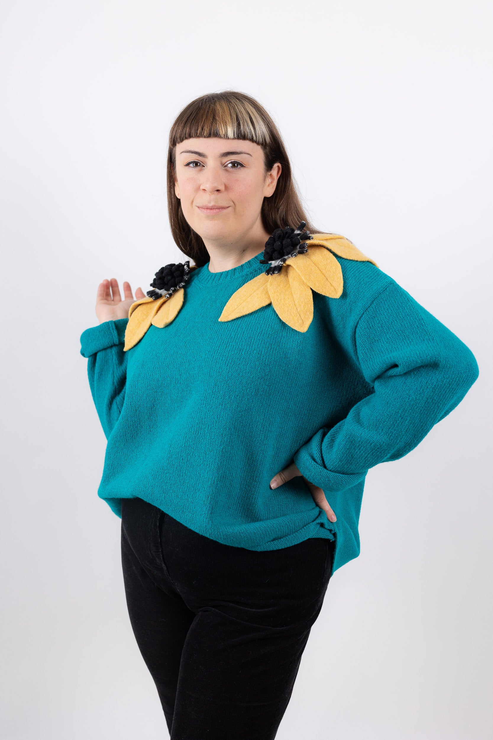 Bloom sweater emerald with banana and b w flowers Gaia Segattini Knotwear