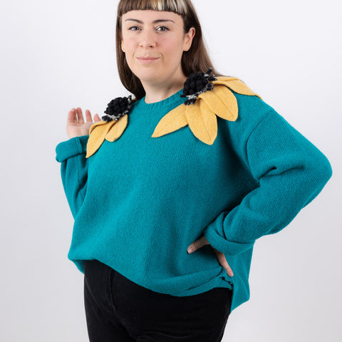 Bloom sweater - emerald with banana and b/w flowers