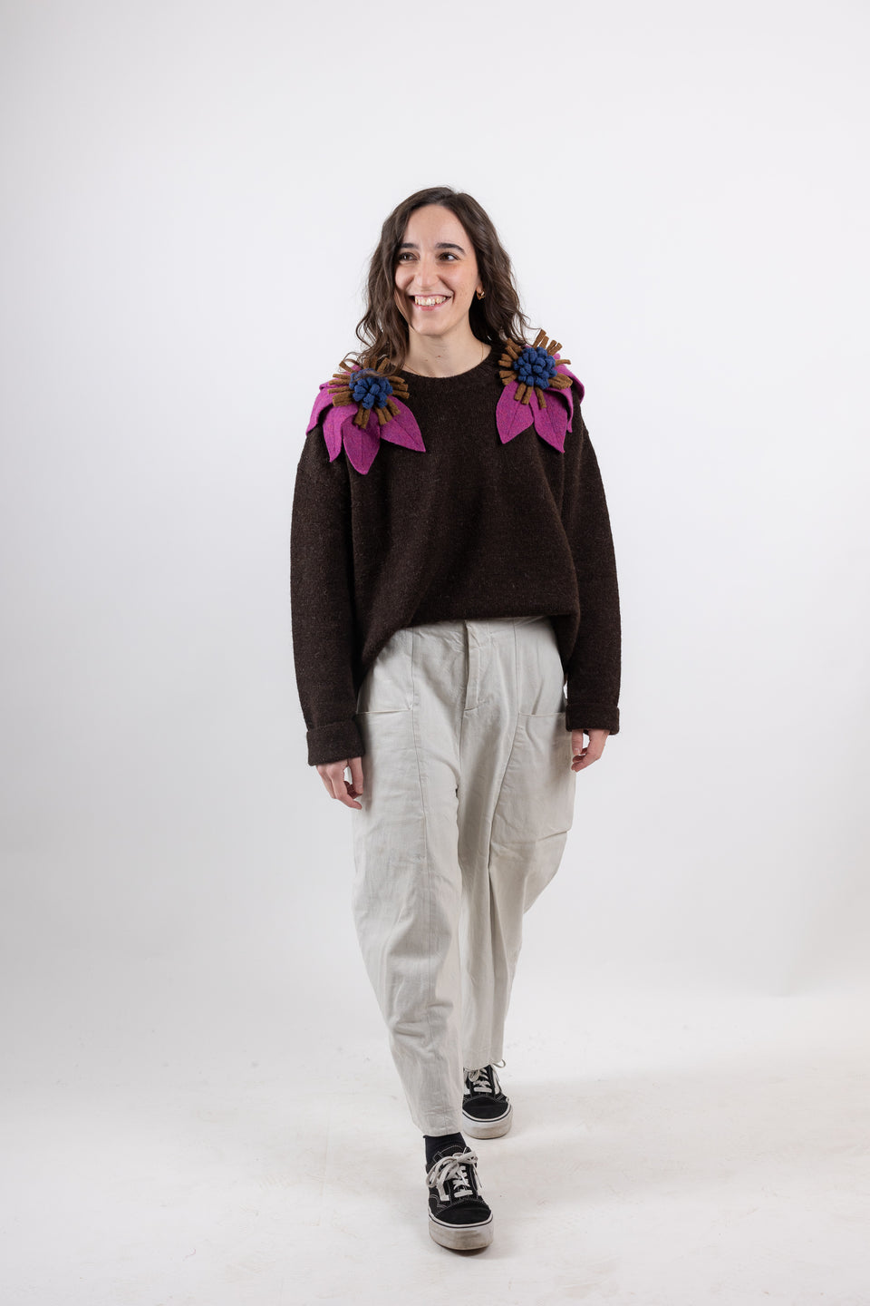 Bloom sweater - dark chocolate with plum, denim and curry flowers