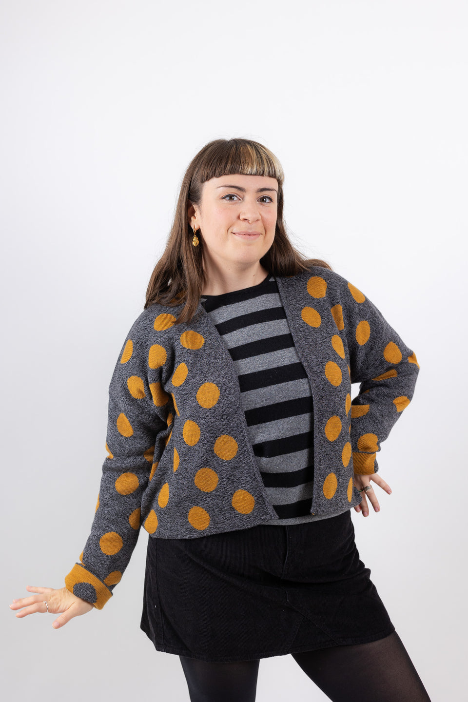 bubble cardi - salt and pepper with mustard polkadots 