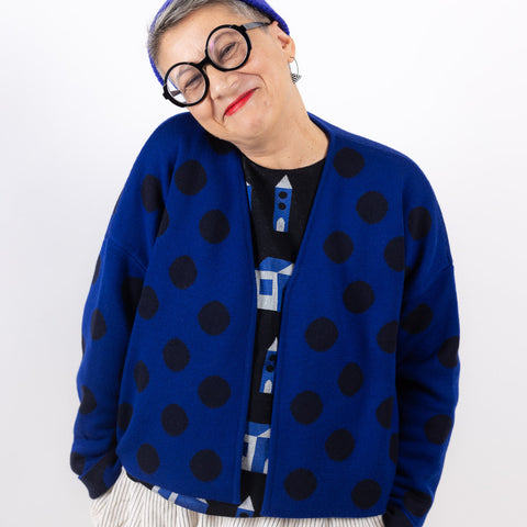 bubble cardi - royal with blackblue polkadots