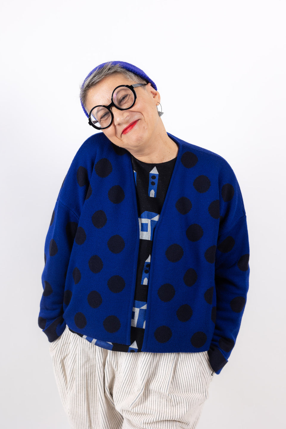 bubble cardi - royal with blackblue polkadots