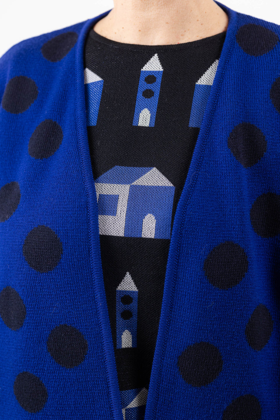 bubble cardi - royal with blackblue polkadots