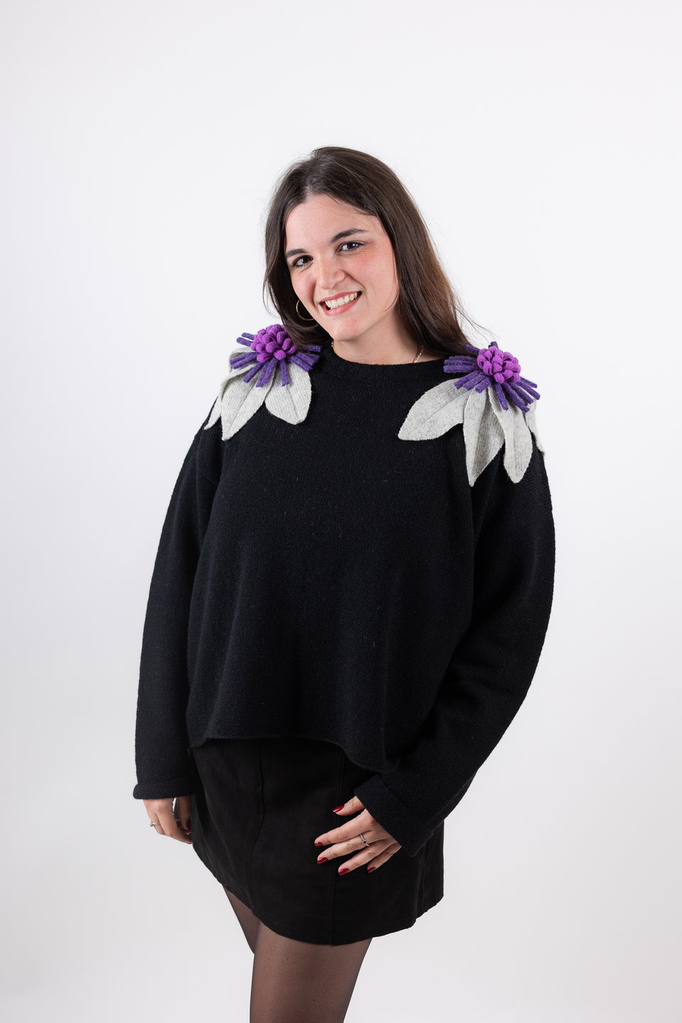 Bloom sweater - black with light grey, wisteria and violet flowers