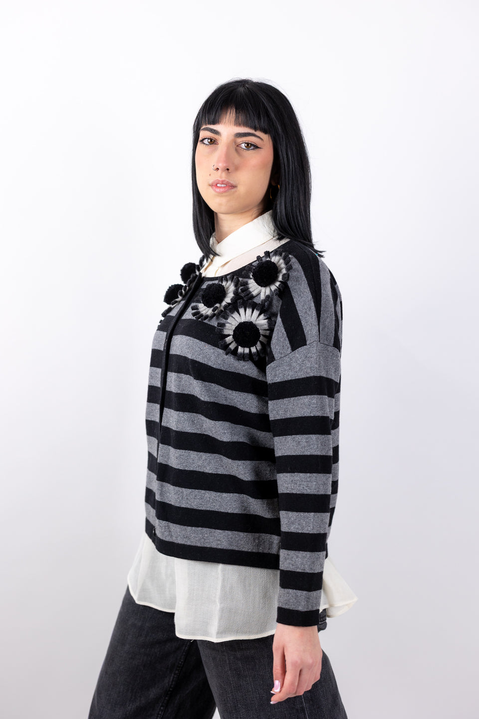 Daily cardigan special - nero riga grigio petali grigio/nero