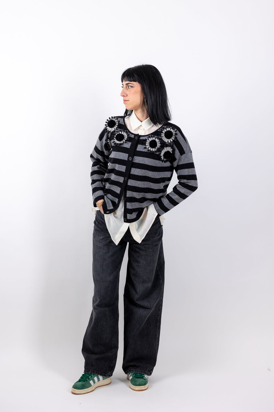 Daily cardigan special - nero riga grigio petali grigio/nero