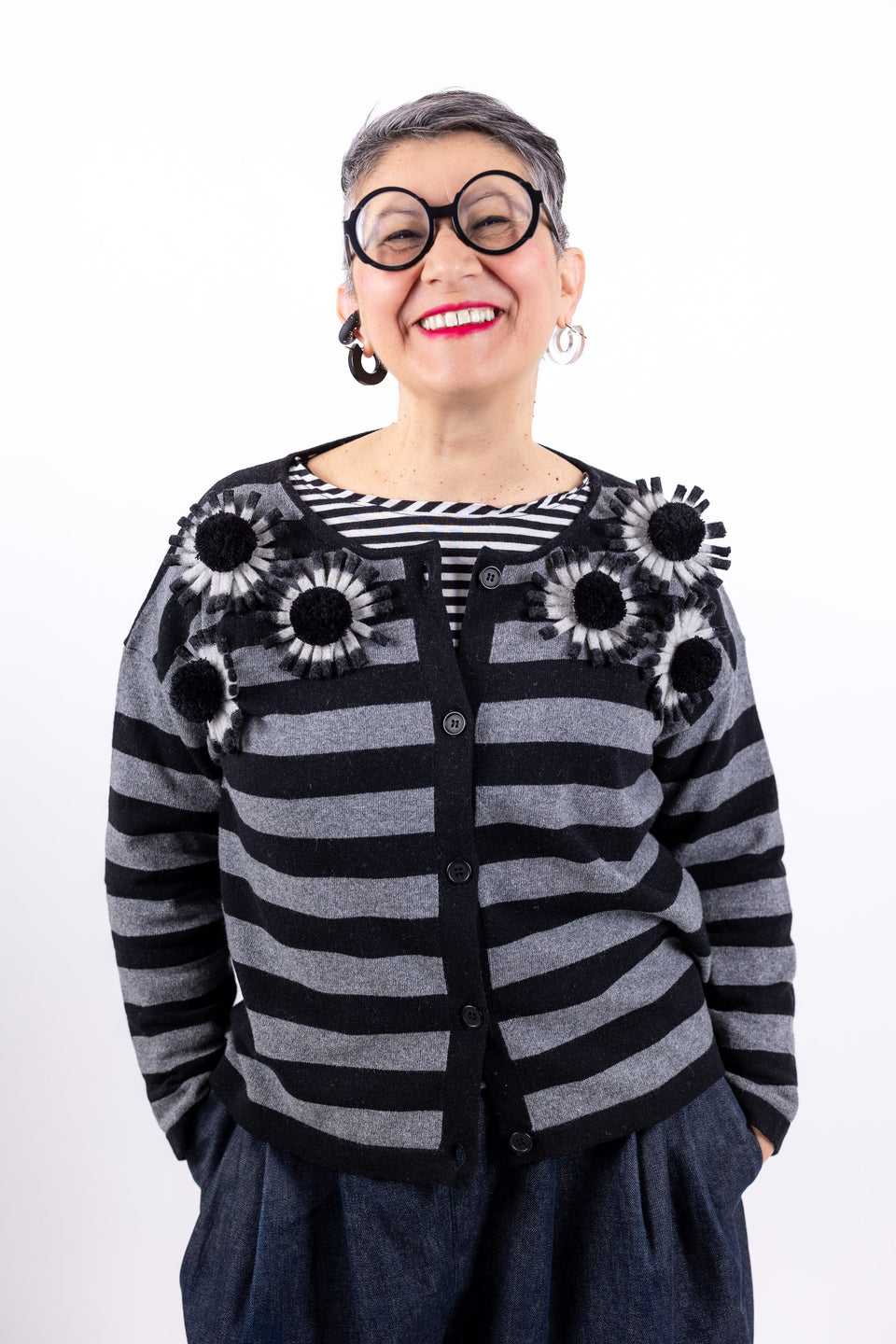 Daily cardigan special - nero riga grigio petali grigio/nero