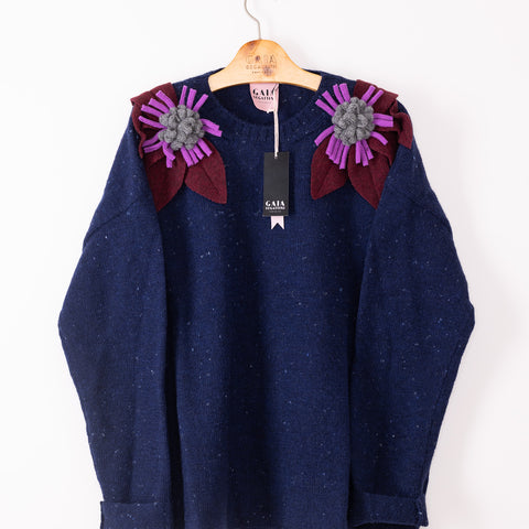 bloom sweater - blue with bordeaux, wisteria and grey flower 