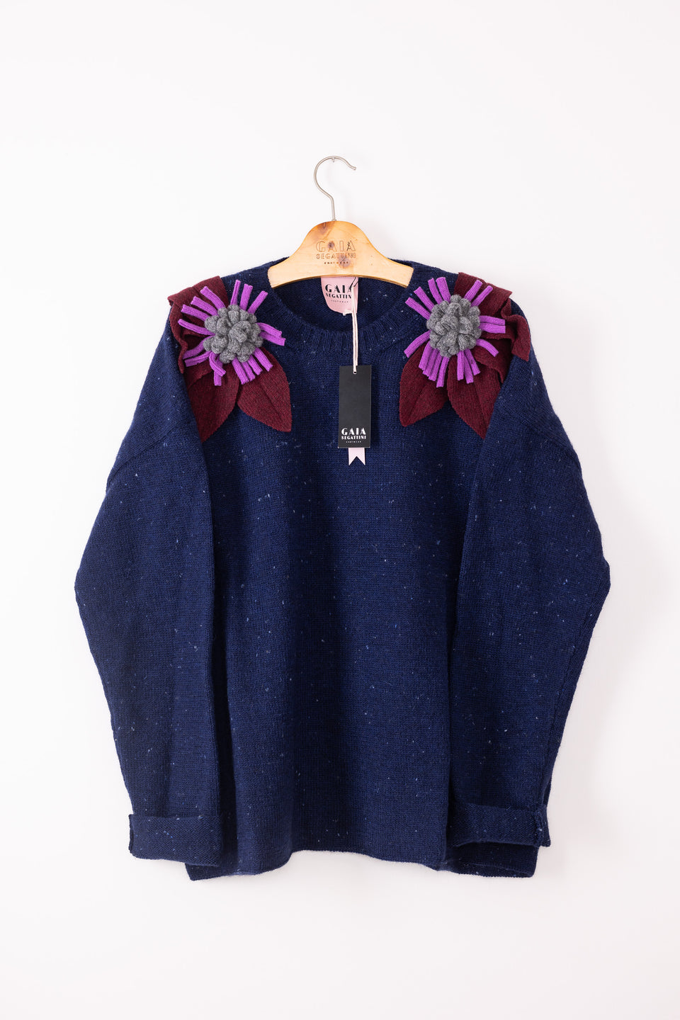 bloom sweater - blue with bordeaux, wisteria and grey flower 