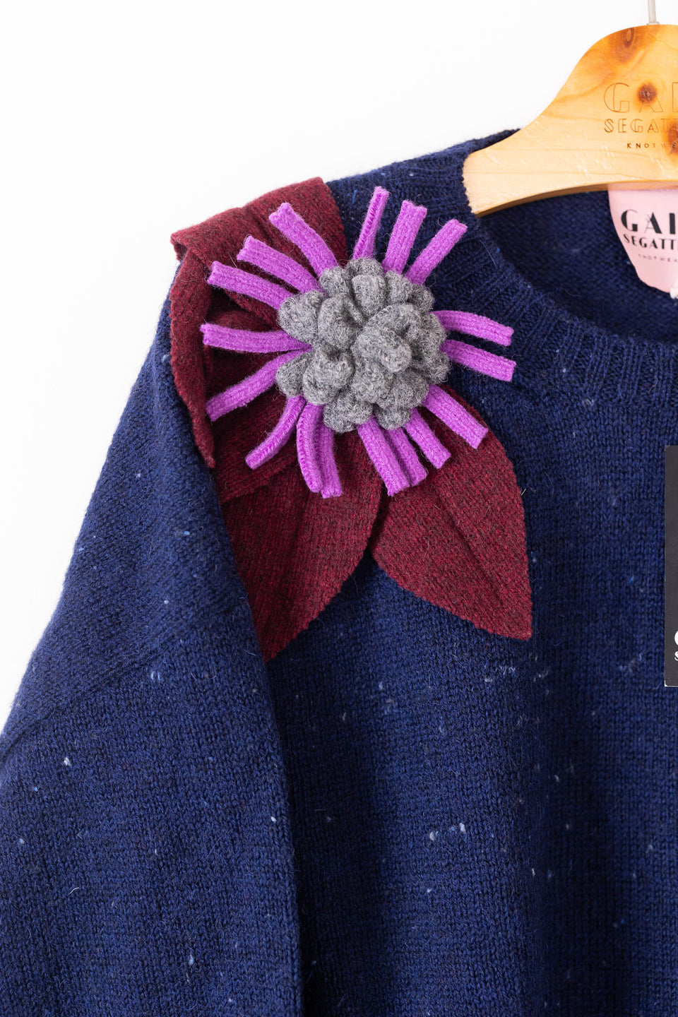 bloom sweater - blue with bordeaux, wisteria and grey flower 