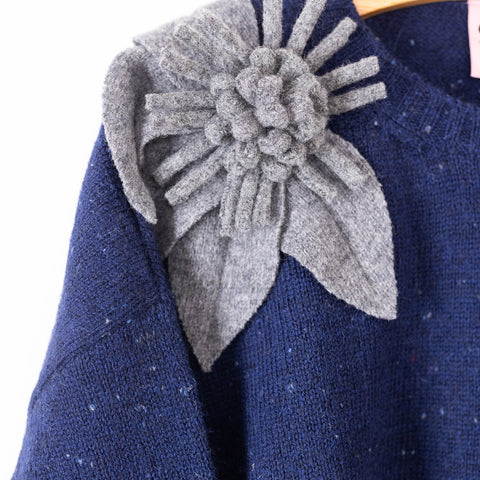 bloom sweater - blue with medium grey flower 