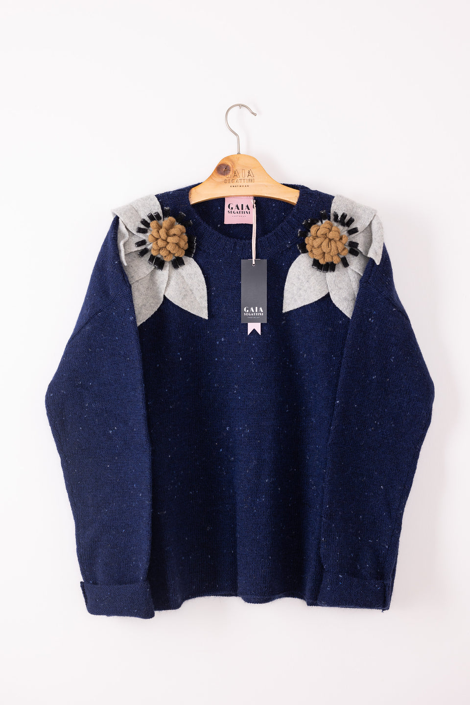 bloom sweater - blue with light grey, b/w and mustard flowers 