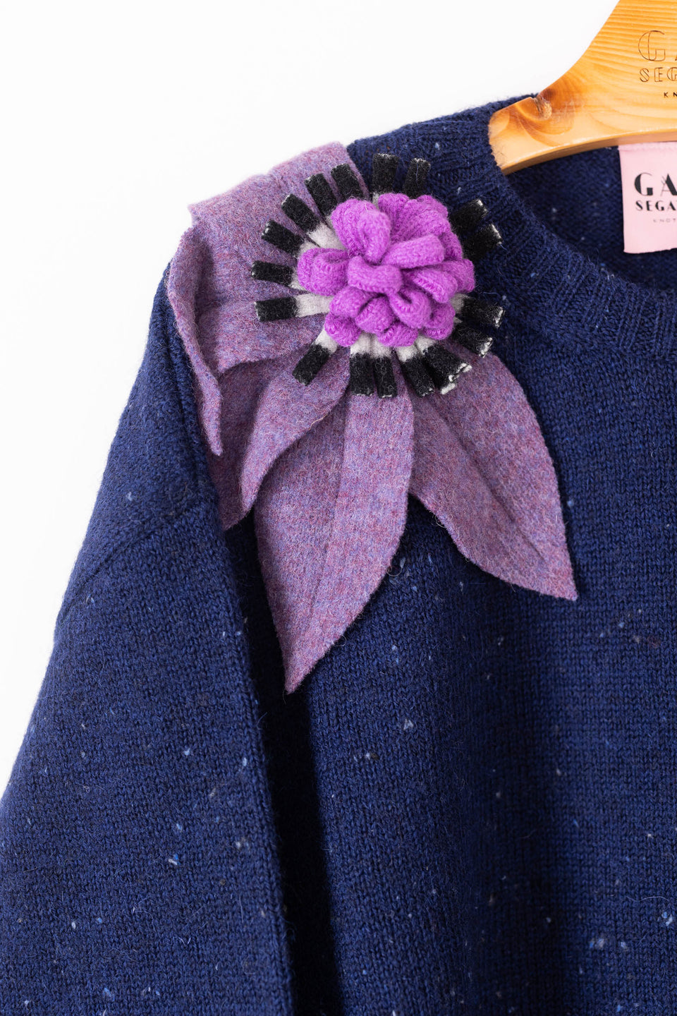 bloom sweater - blue with purple, b/w and wisteria flowers 