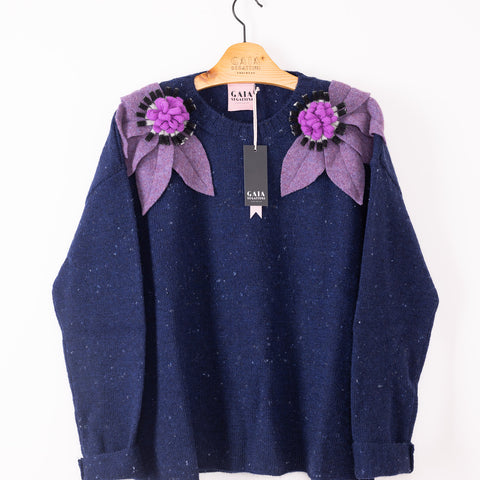 bloom sweater - blue with purple, b/w and wisteria flowers 