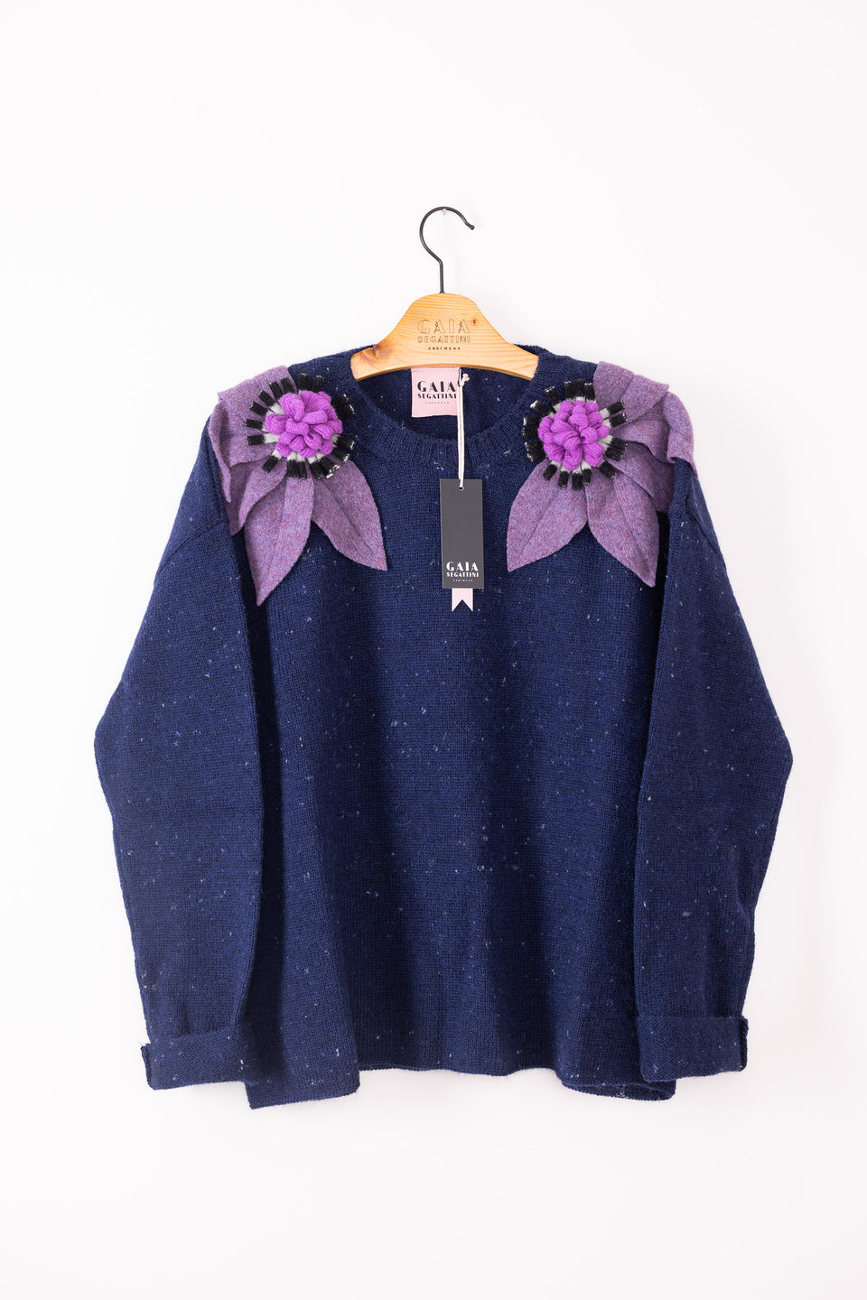 bloom sweater - blue with purple, b/w and wisteria flowers 