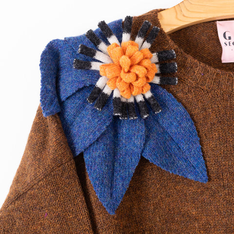 bloom sweater - chocolate with denim blue, tangerine and b/w flowers 