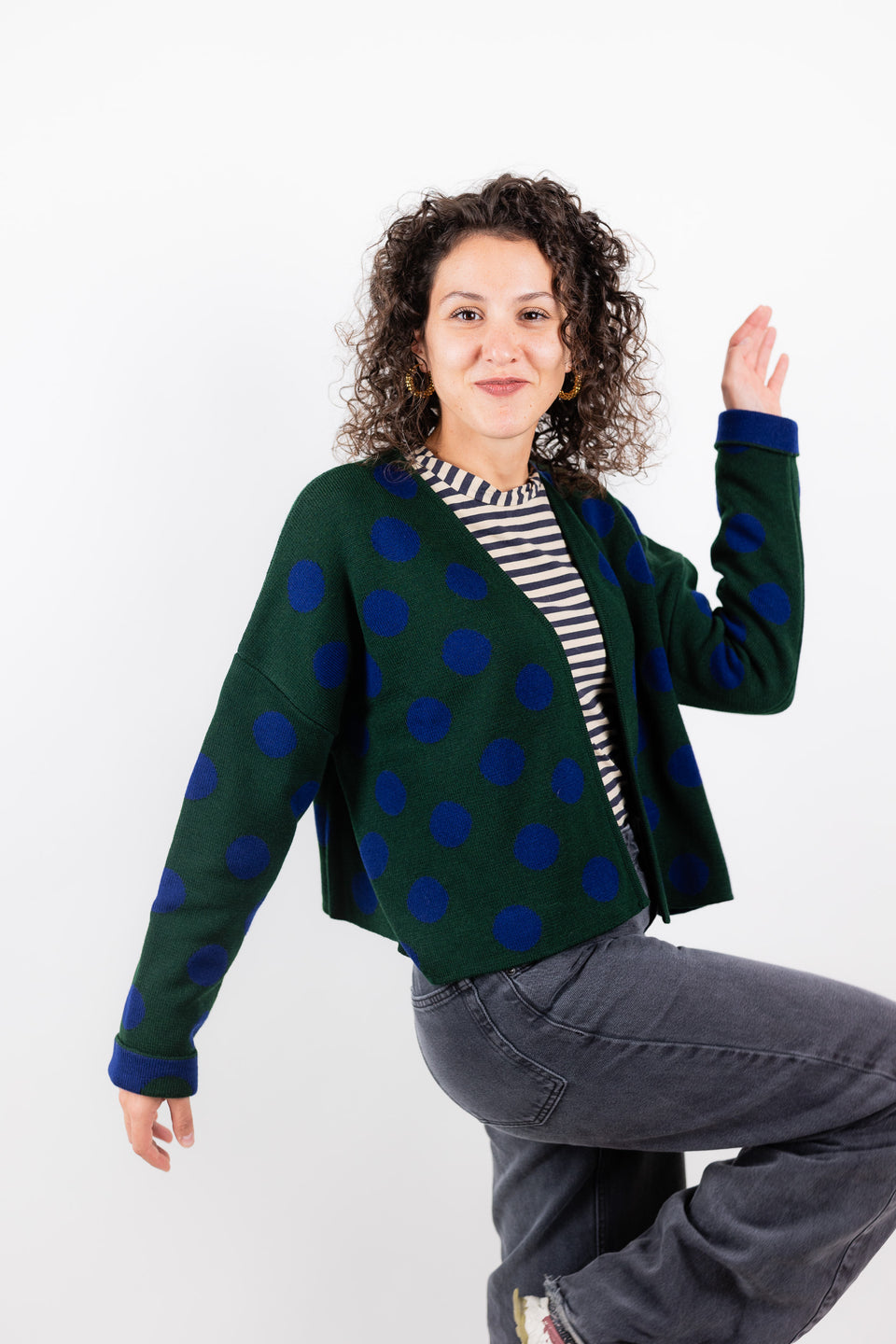 bubble cardi - forest green with blue polkadots 