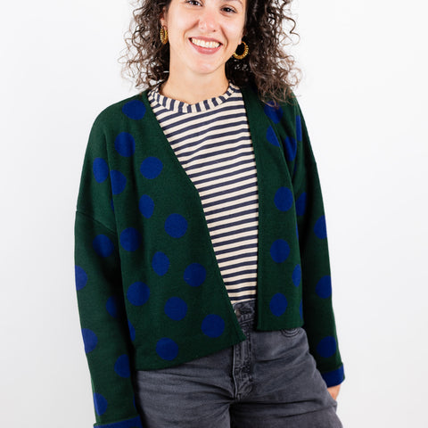 bubble cardi - forest green with blue polkadots 