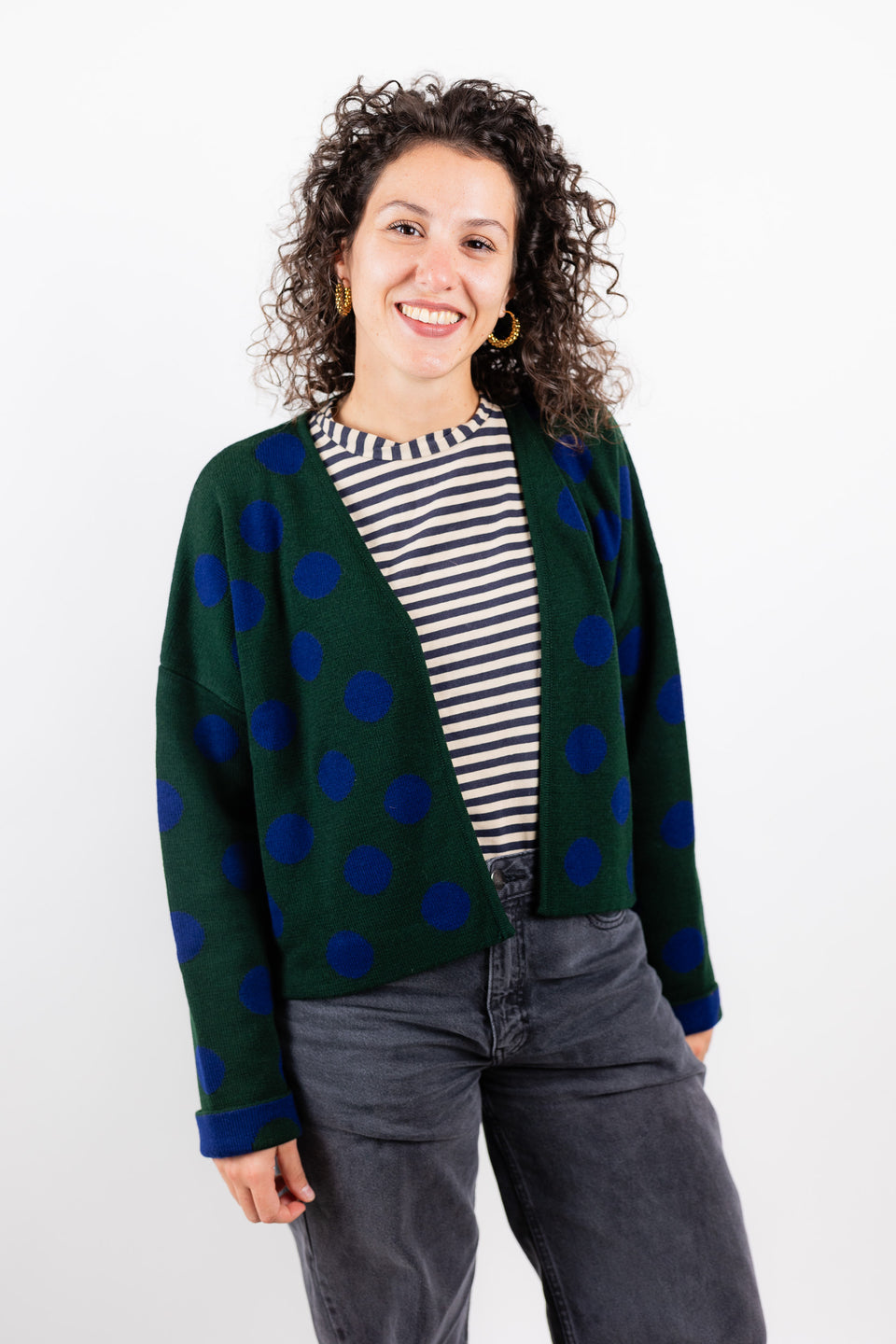 bubble cardi - forest green with blue polkadots 