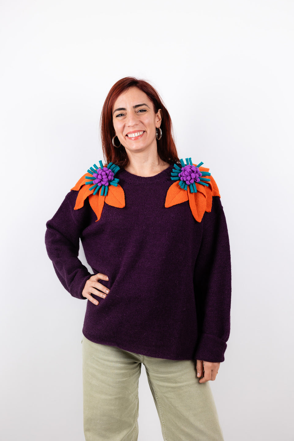 Bloom sweater - aubergine with orange, wisteria and emerald flowers