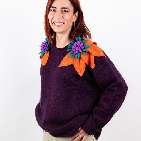 Bloom sweater - aubergine with orange, wisteria and emerald flowers