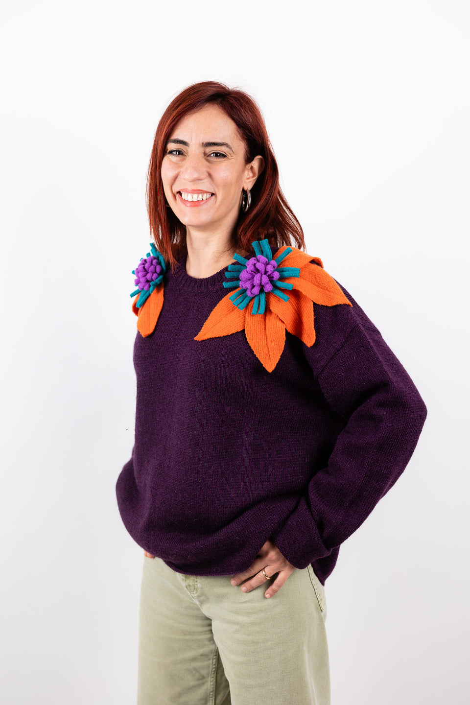 Bloom sweater - aubergine with orange, wisteria and emerald flowers