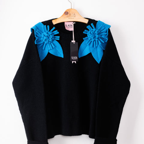 Bloom sweater - black with lego blue flowers