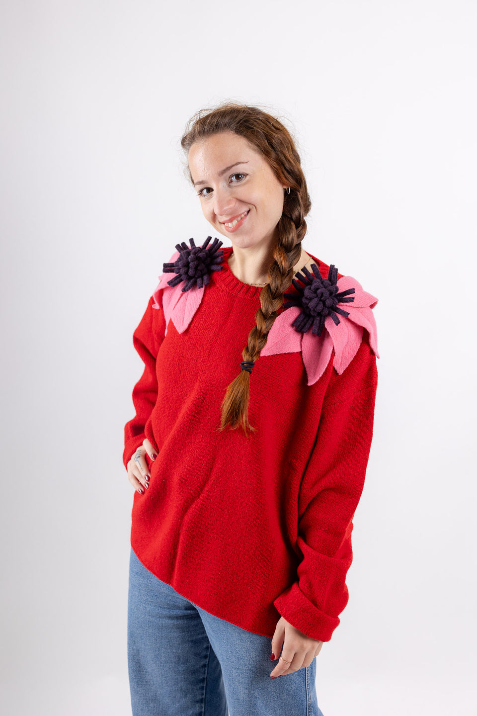 bloom sweater - poppy with candy and plum flower 